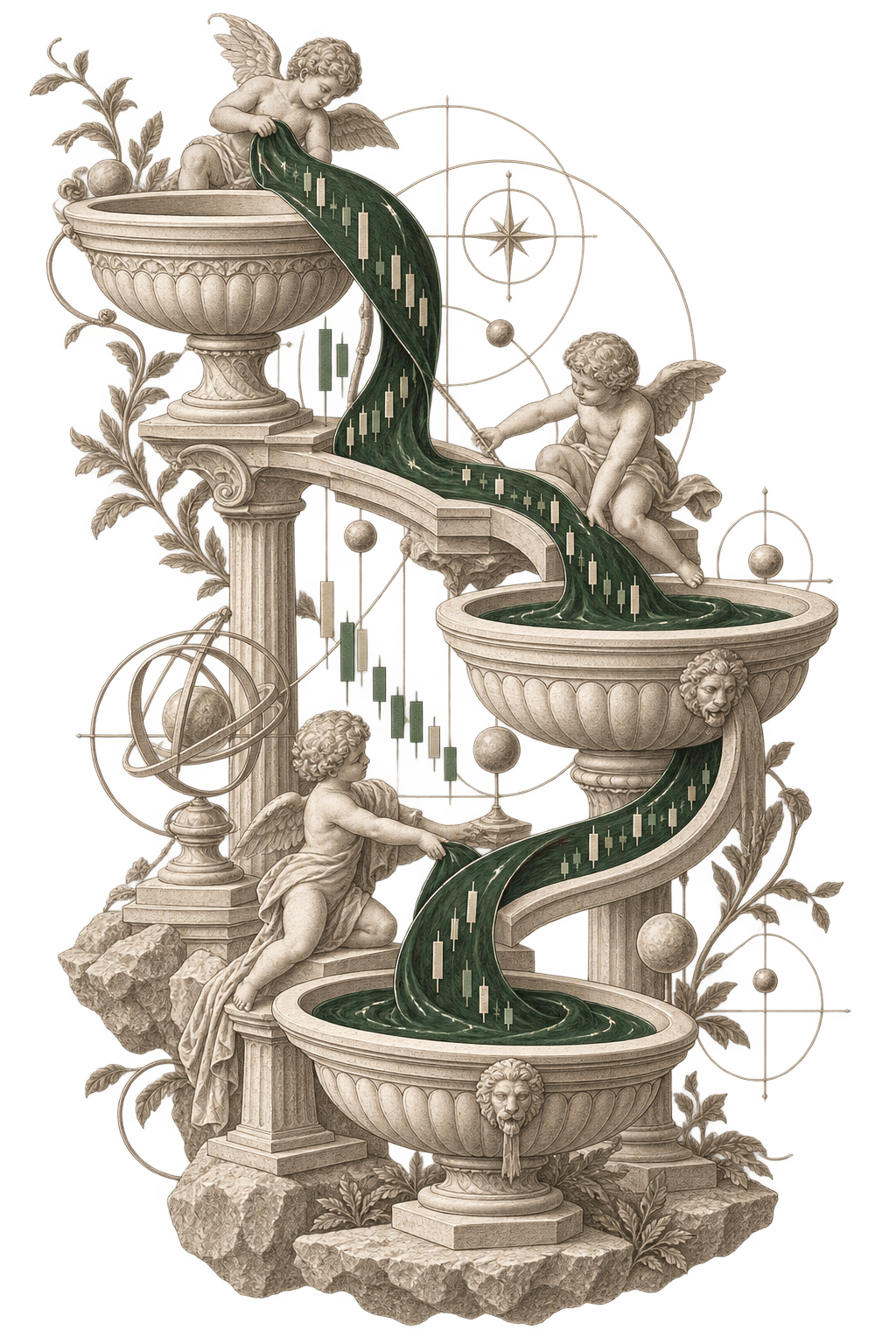 A cherub-tended marble fountain cascade, candlestick-marked green ribbons of capital flowing between three basins