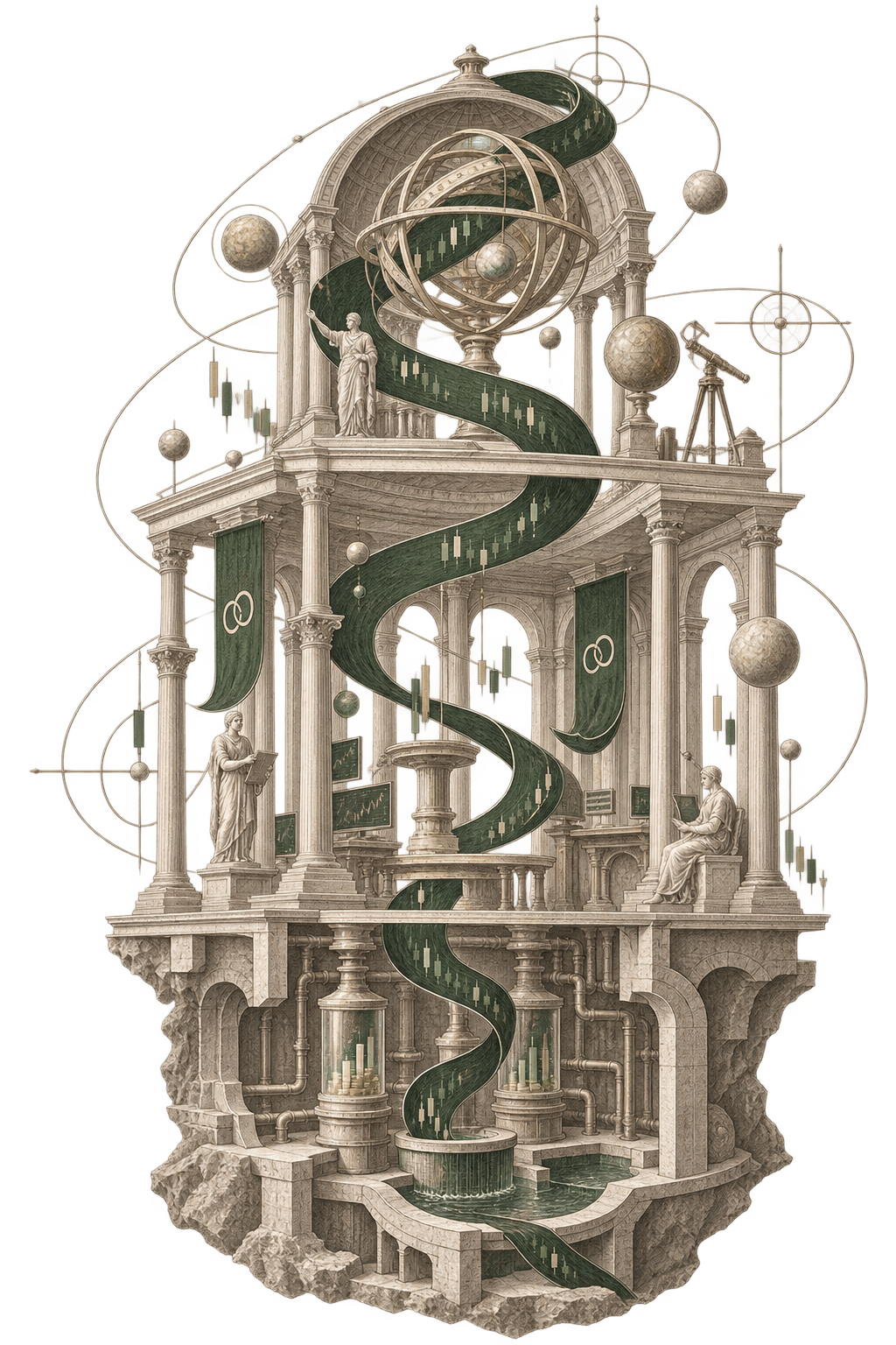 A Renaissance cutaway of a domed observatory temple, an armillary sphere at its crown, threaded top to bottom by a candlestick-marked green ribbon