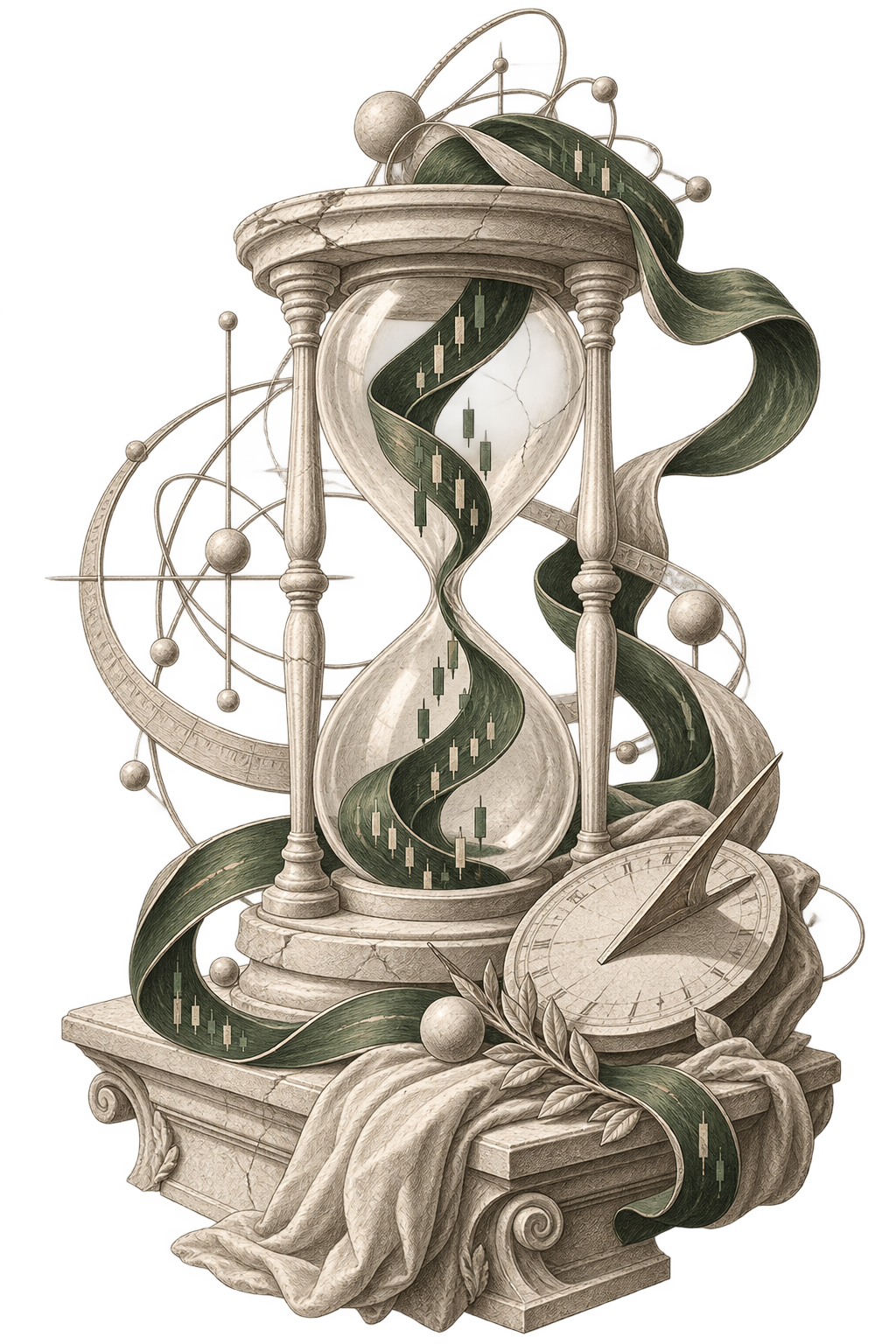 A cracked marble hourglass with candlestick-marked green ribbon frozen mid-fall, beside a sundial
